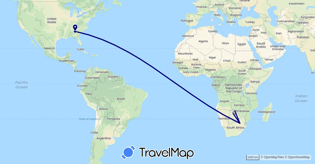 TravelMap itinerary: driving, plane in Botswana, United States, South Africa (Africa, North America)