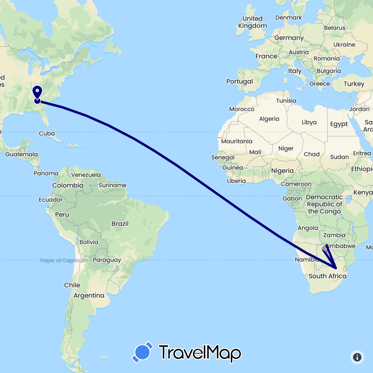 TravelMap itinerary: driving, plane in Botswana, United States, South Africa (Africa, North America)