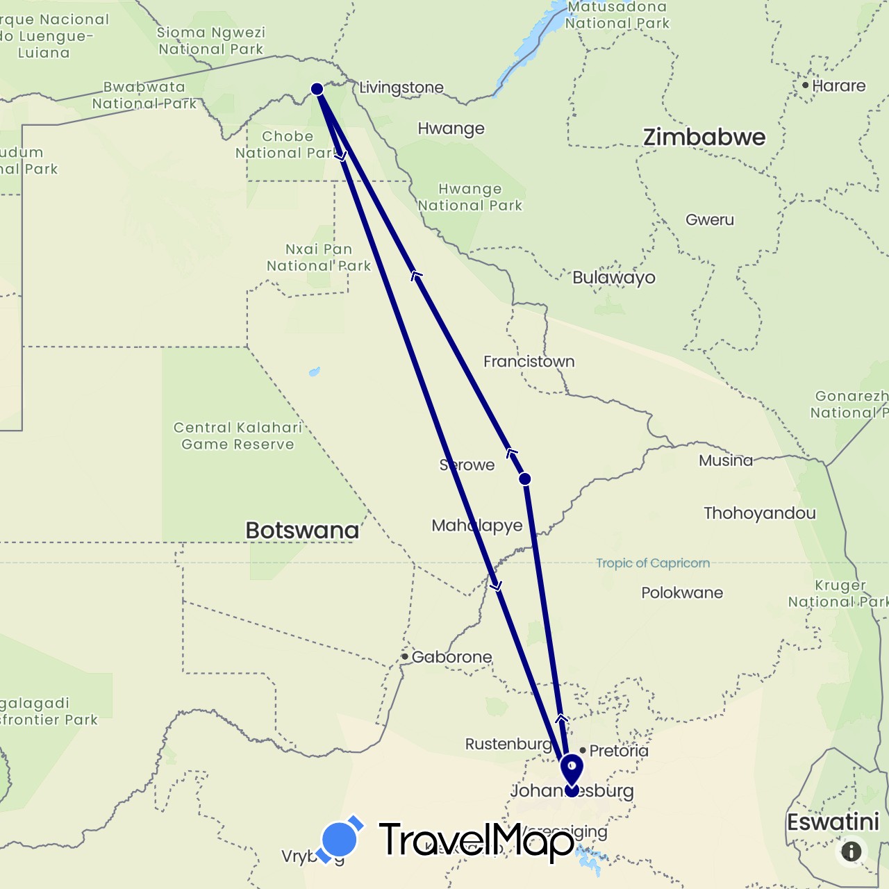 TravelMap itinerary: driving in Botswana, South Africa (Africa)