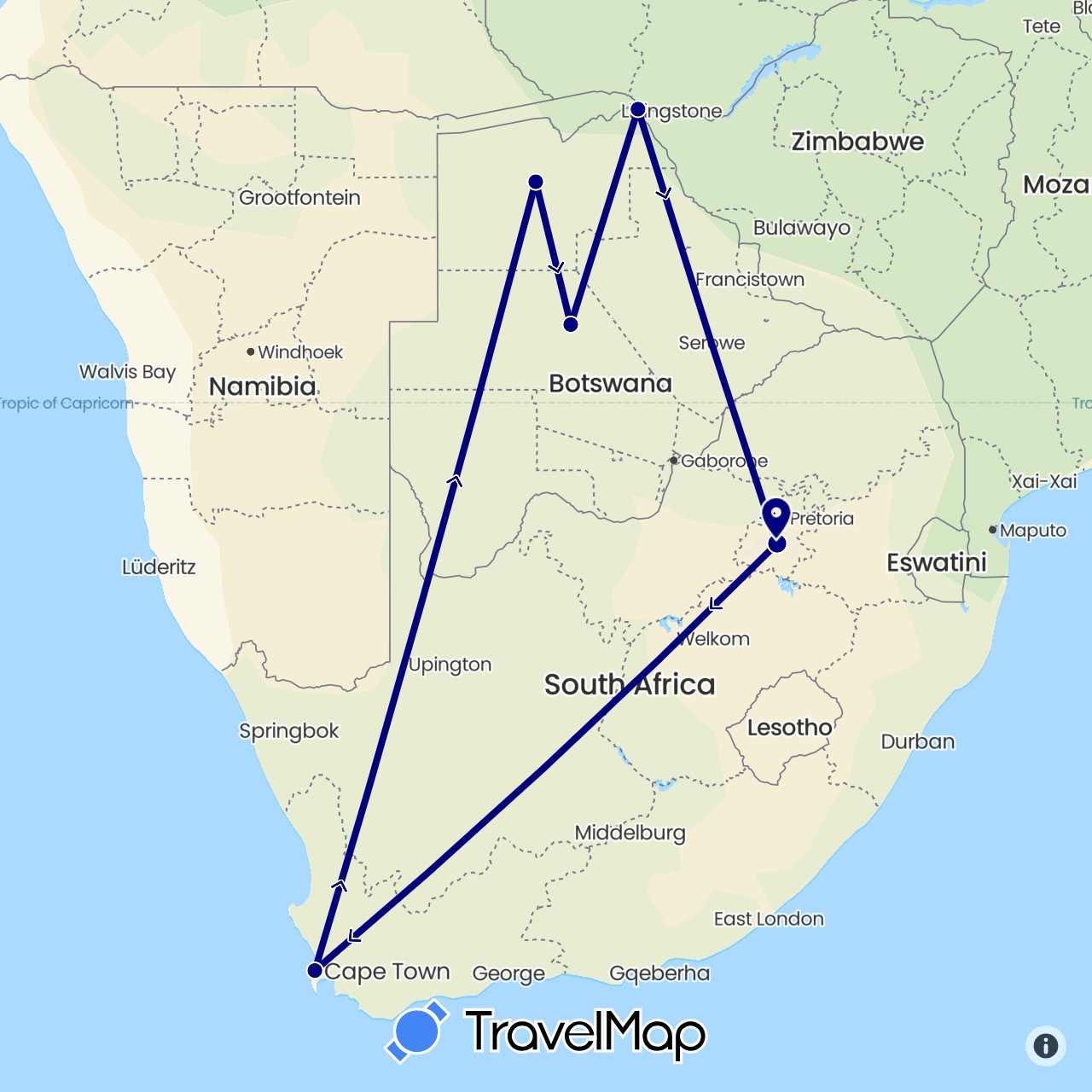 TravelMap itinerary: driving in Botswana, South Africa (Africa)