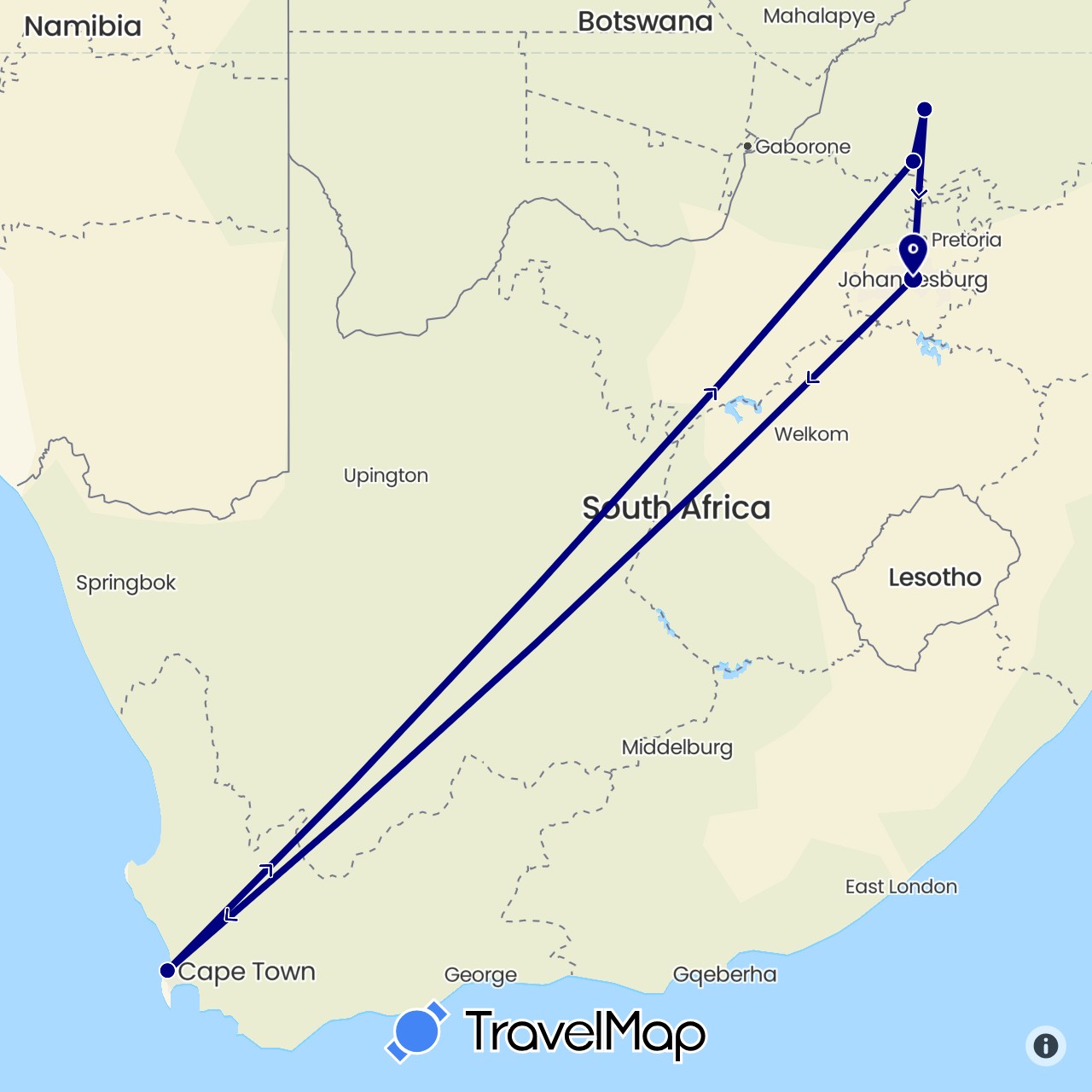 TravelMap itinerary: driving in South Africa (Africa)