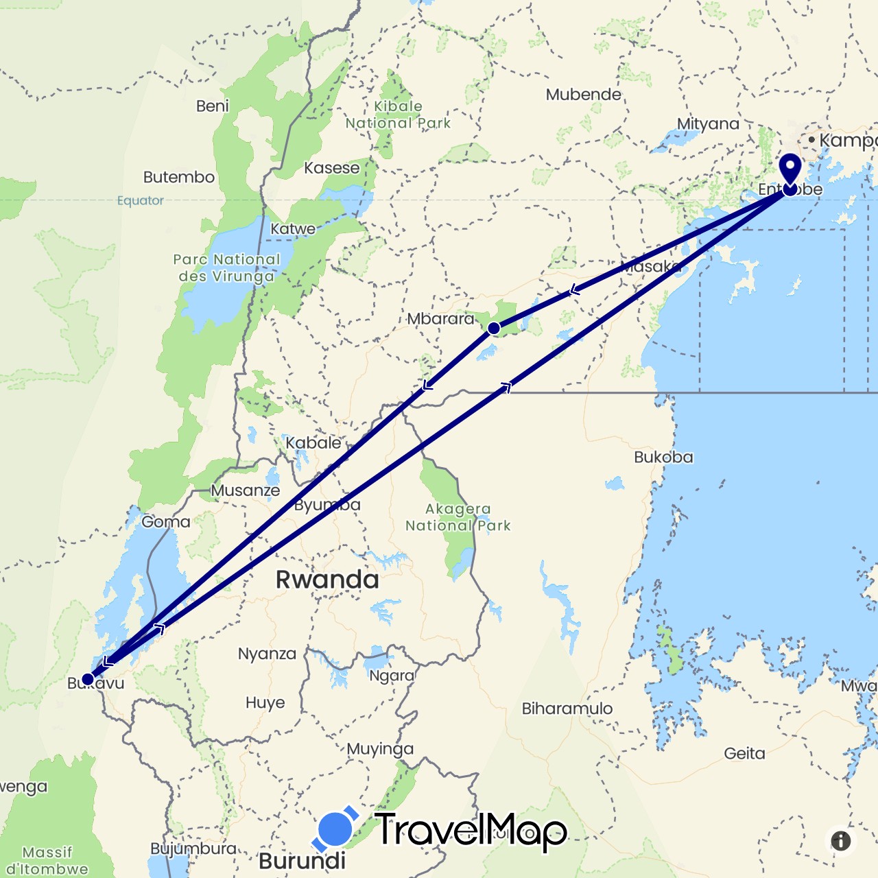 TravelMap itinerary: driving in Democratic Republic of the Congo, Uganda (Africa)