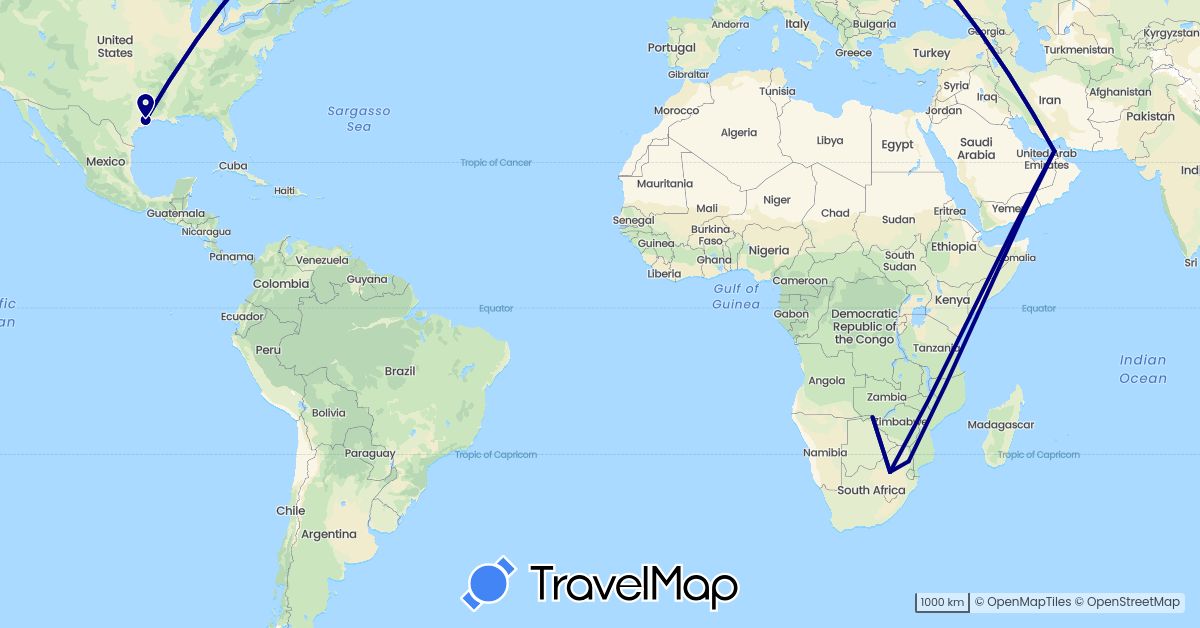 TravelMap itinerary: driving in United Arab Emirates, Botswana, United States, South Africa (Africa, Asia, North America)