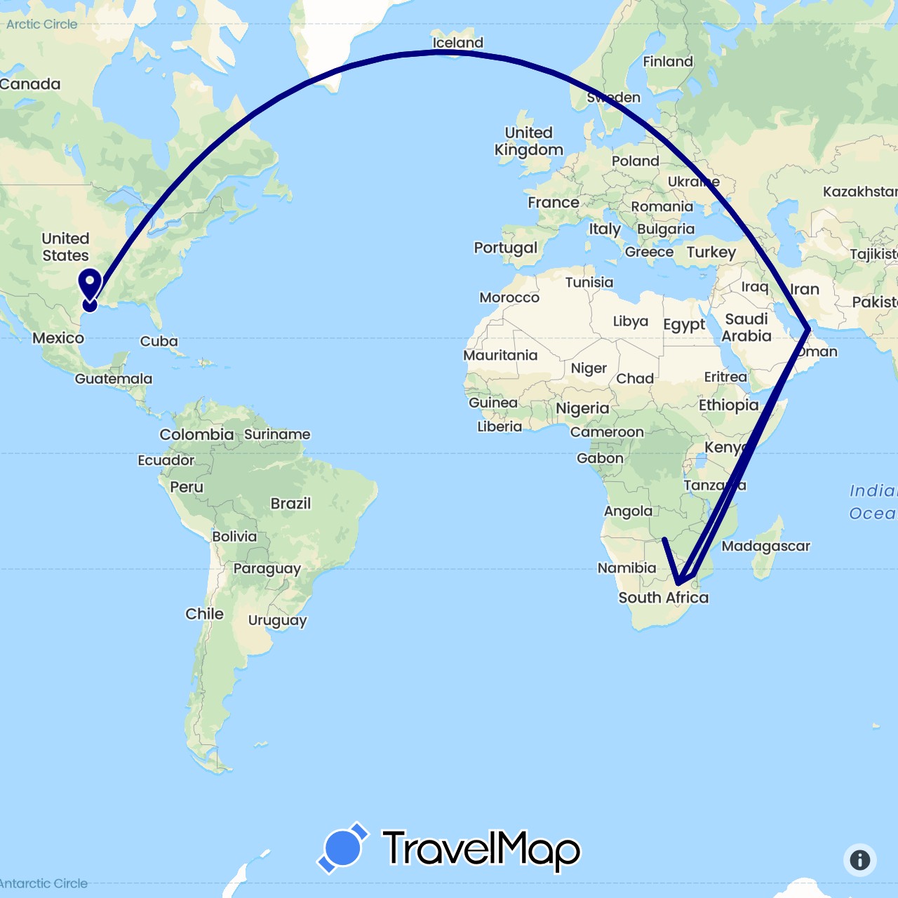 TravelMap itinerary: driving in United Arab Emirates, Botswana, United States, South Africa (Africa, Asia, North America)