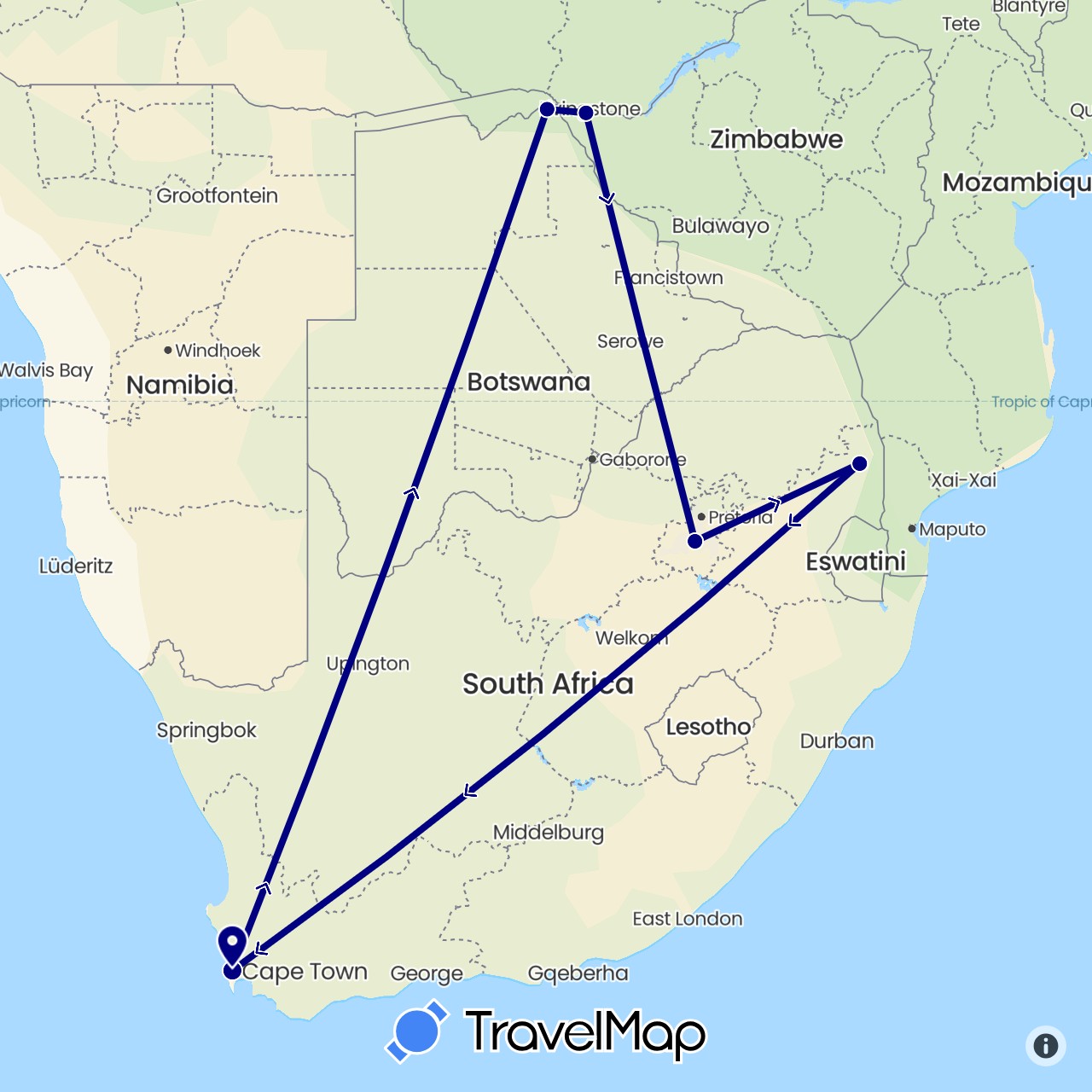 TravelMap itinerary: driving in Botswana, South Africa, Zimbabwe (Africa)