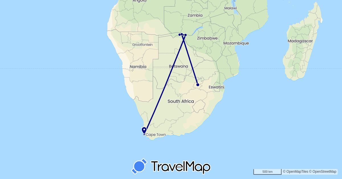 TravelMap itinerary: driving in Botswana, South Africa, Zimbabwe (Africa)