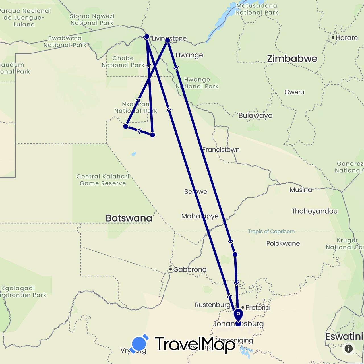TravelMap itinerary: driving in Botswana, South Africa, Zimbabwe (Africa)