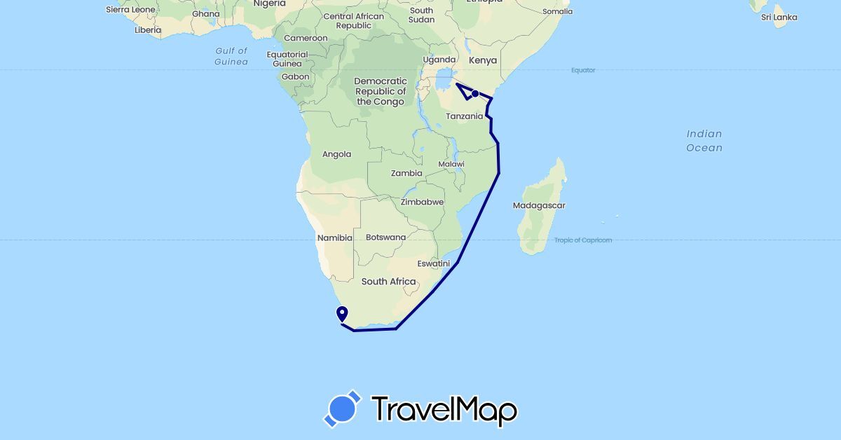 TravelMap itinerary: driving in Kenya, Mozambique, Tanzania, South Africa (Africa)