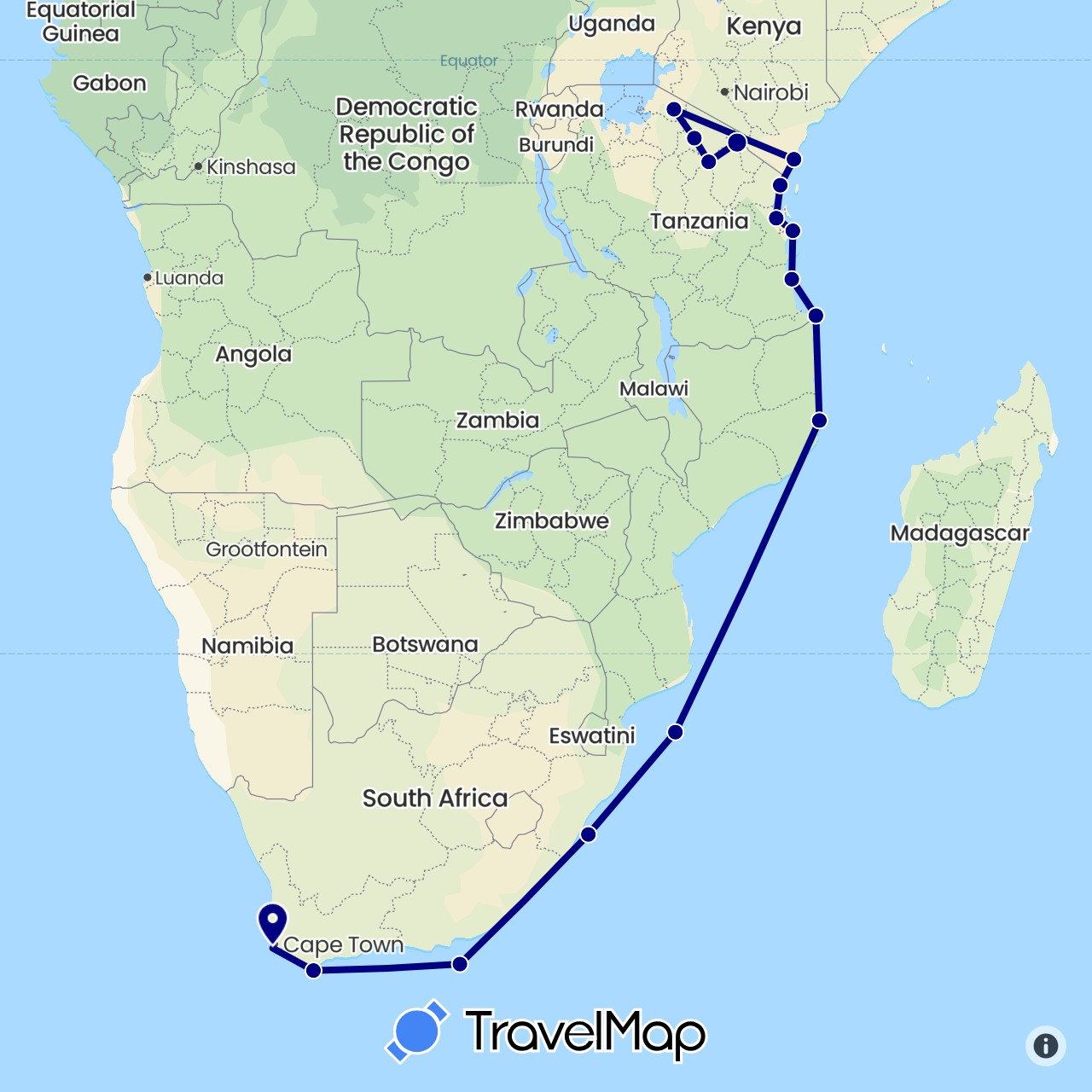 TravelMap itinerary: driving in Kenya, Mozambique, Tanzania, South Africa (Africa)