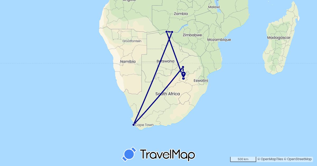 TravelMap itinerary: driving in Botswana, South Africa, Zambia (Africa)