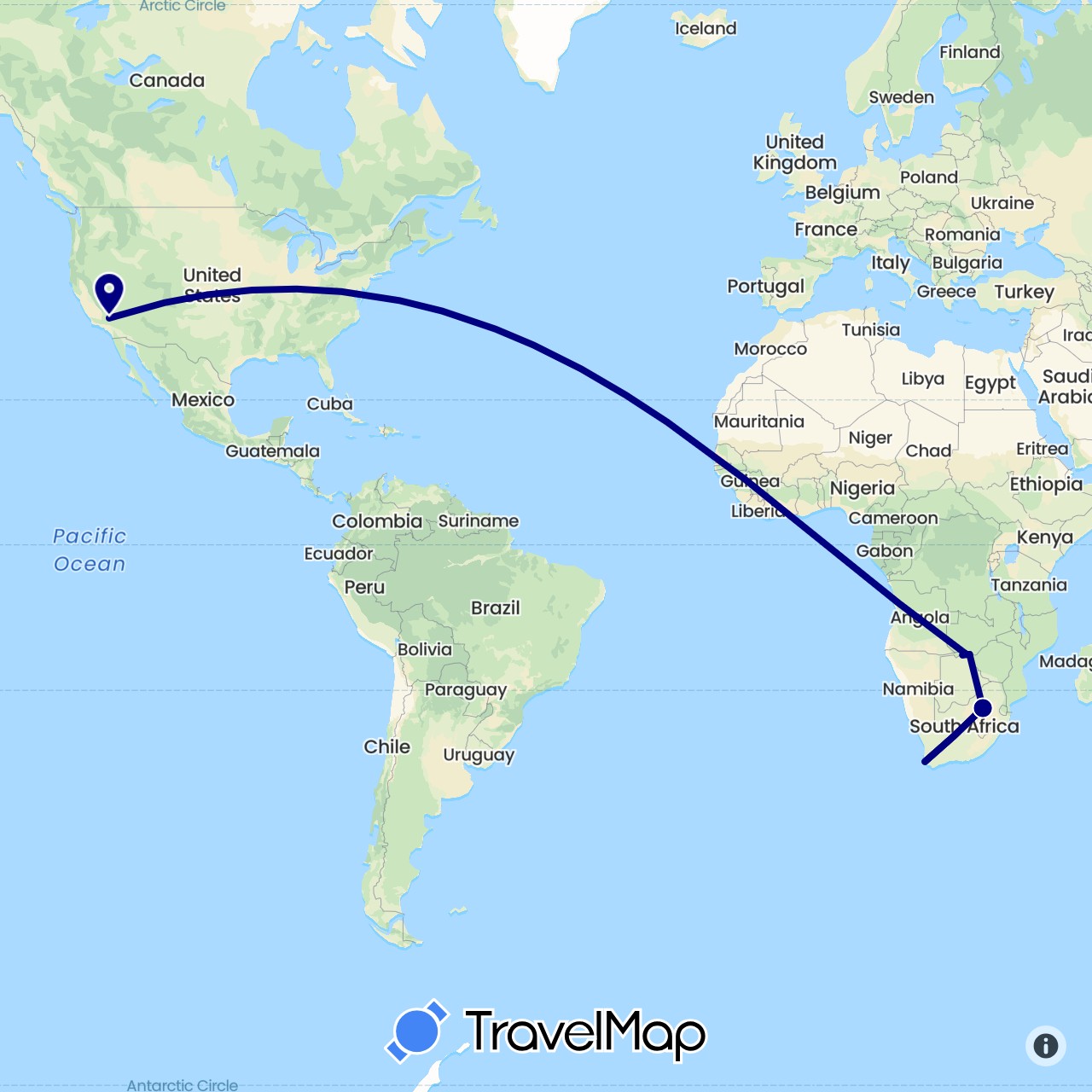 TravelMap itinerary: driving in Botswana, United States, South Africa, Zimbabwe (Africa, North America)