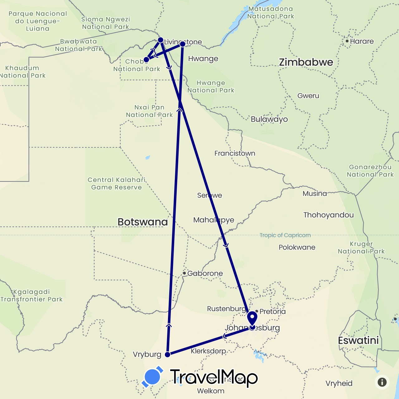 TravelMap itinerary: driving in Botswana, South Africa, Zimbabwe (Africa)