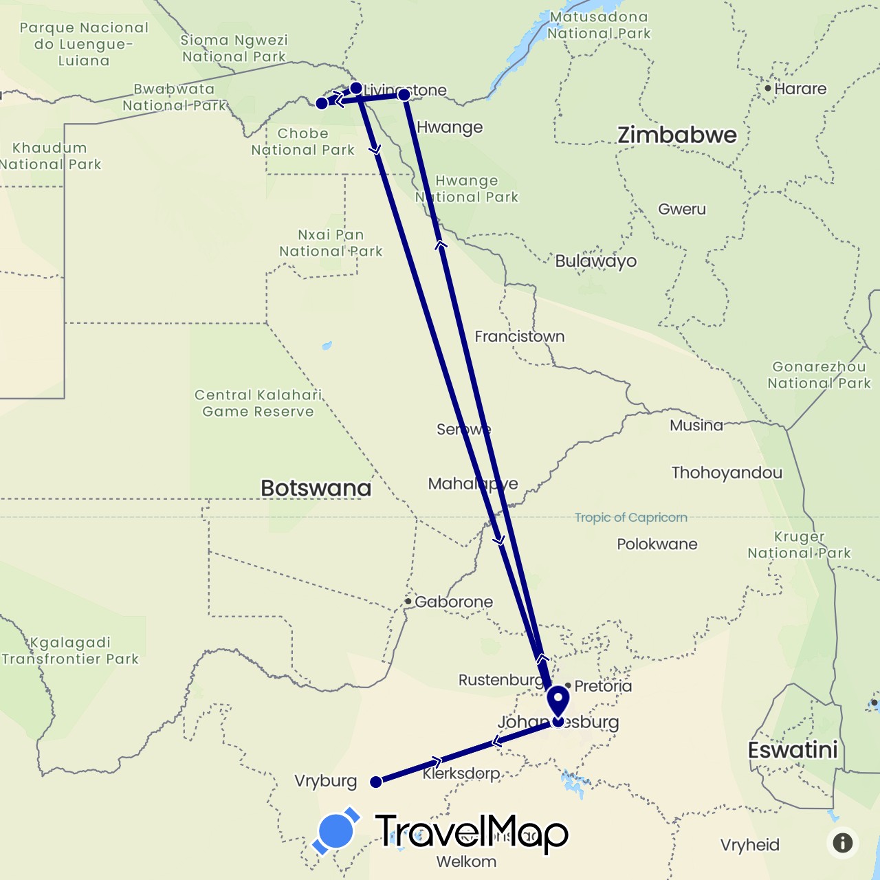 TravelMap itinerary: driving in Botswana, South Africa, Zimbabwe (Africa)