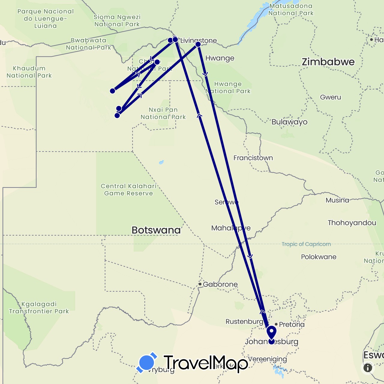 TravelMap itinerary: driving in Botswana, South Africa, Zimbabwe (Africa)