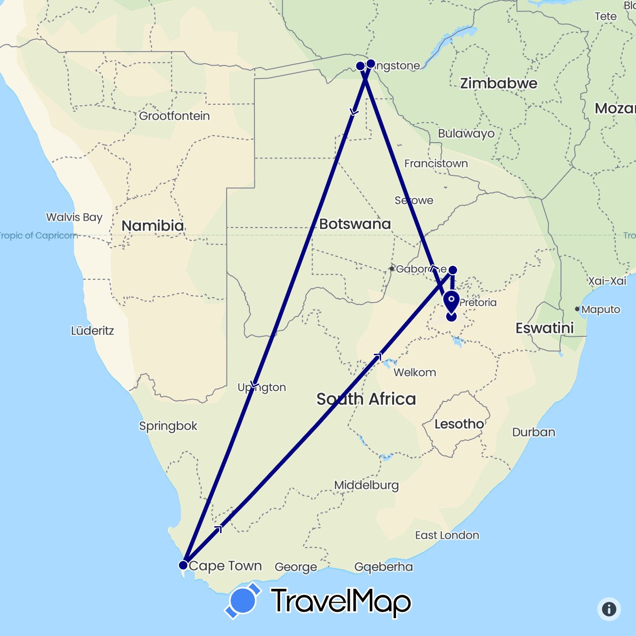 TravelMap itinerary: driving in Botswana, South Africa (Africa)