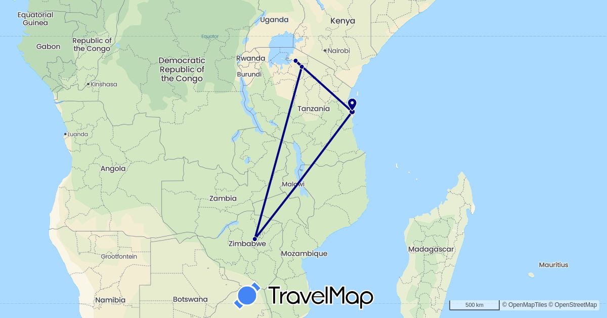 TravelMap itinerary: driving in Tanzania, Zimbabwe (Africa)