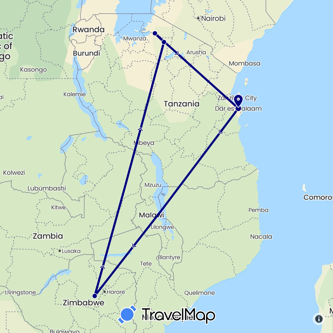 TravelMap itinerary: driving in Tanzania, Zimbabwe (Africa)