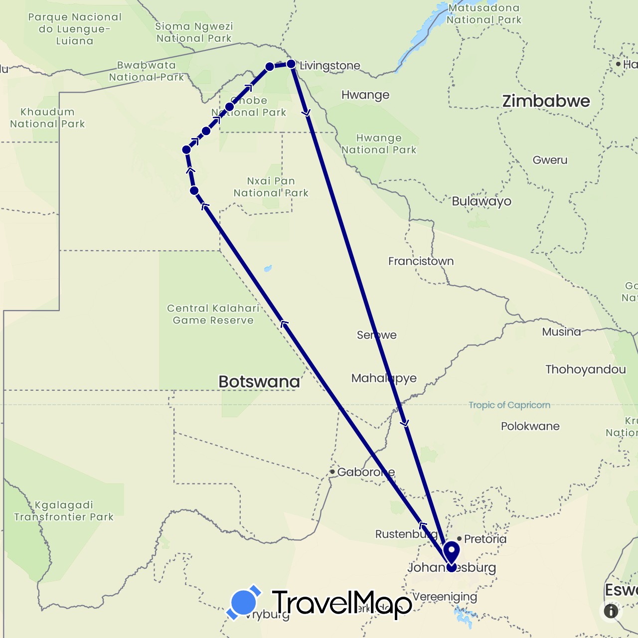 TravelMap itinerary: driving in Botswana, South Africa (Africa)