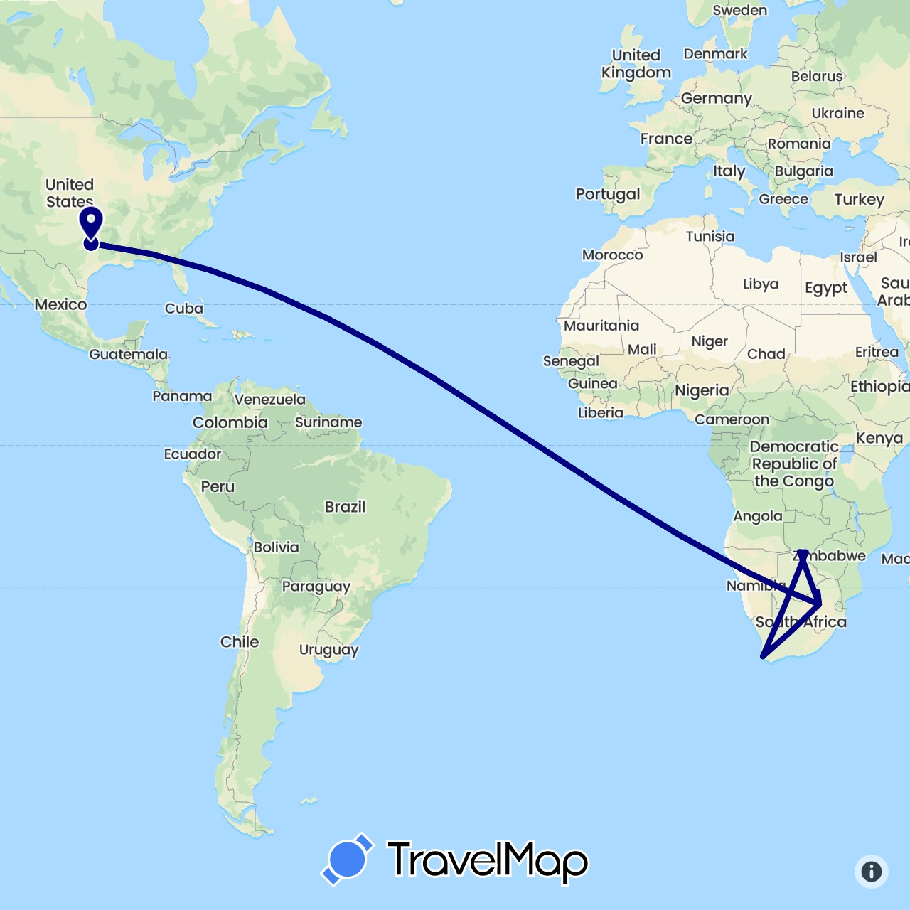 TravelMap itinerary: driving in Botswana, United States, South Africa, Zimbabwe (Africa, North America)