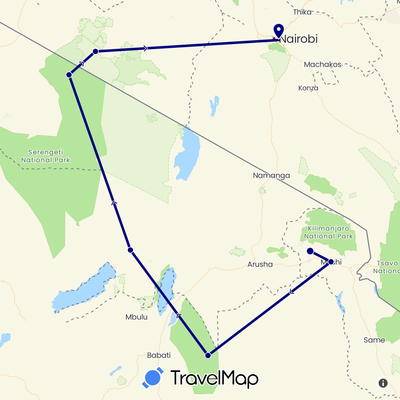TravelMap itinerary: driving in Kenya, Tanzania (Africa)