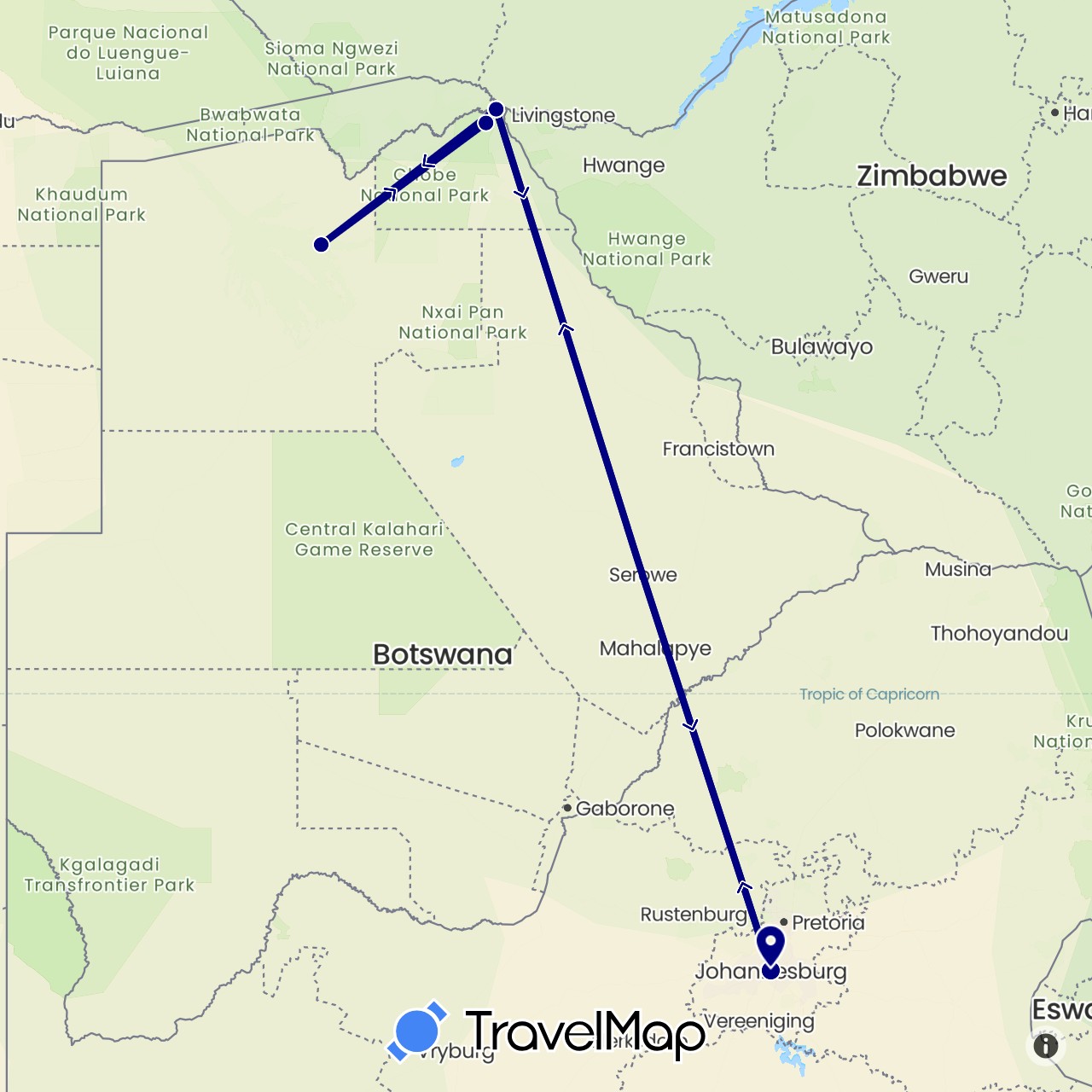 TravelMap itinerary: driving in Botswana, South Africa (Africa)