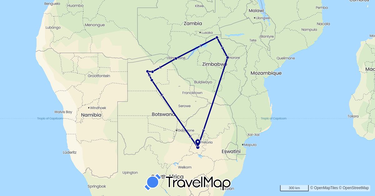 TravelMap itinerary: driving in Botswana, South Africa, Zimbabwe (Africa)