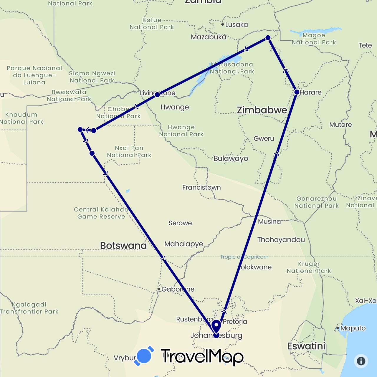 TravelMap itinerary: driving in Botswana, South Africa, Zimbabwe (Africa)