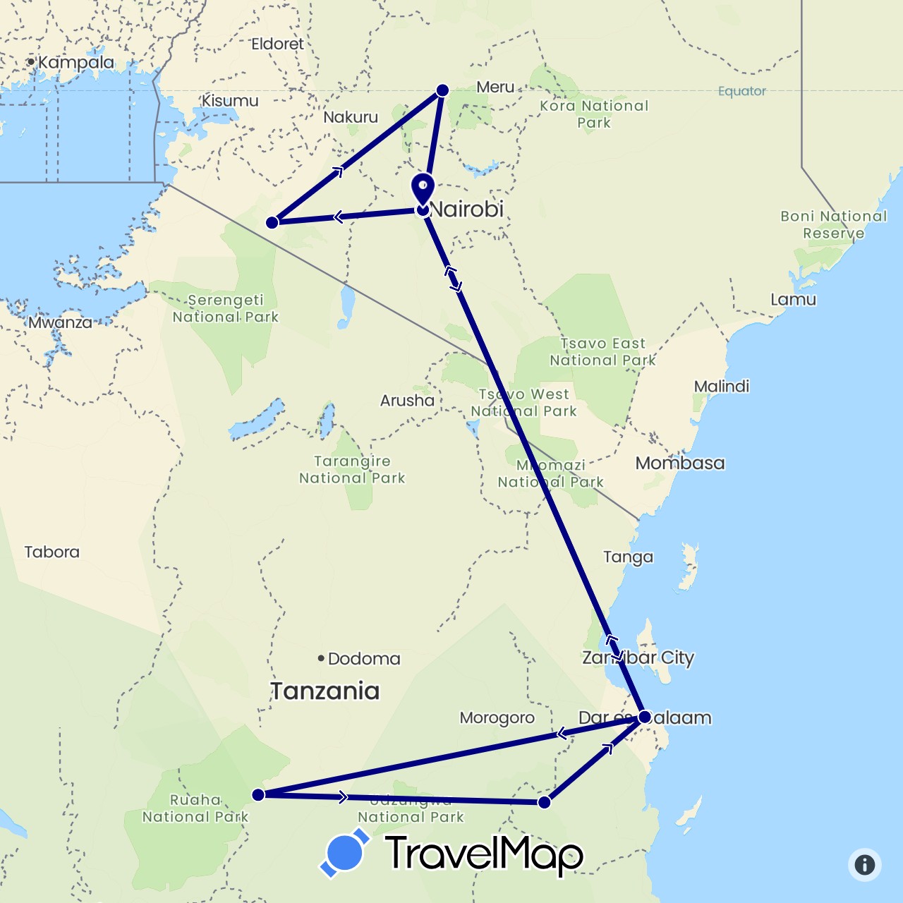 TravelMap itinerary: driving in Kenya, Tanzania (Africa)