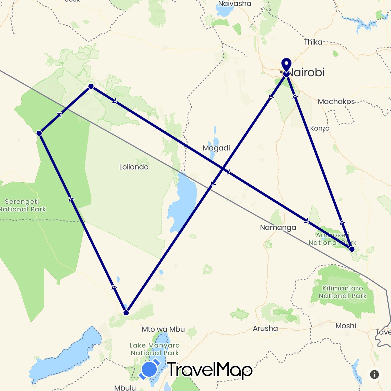 TravelMap itinerary: driving in Kenya, Tanzania (Africa)