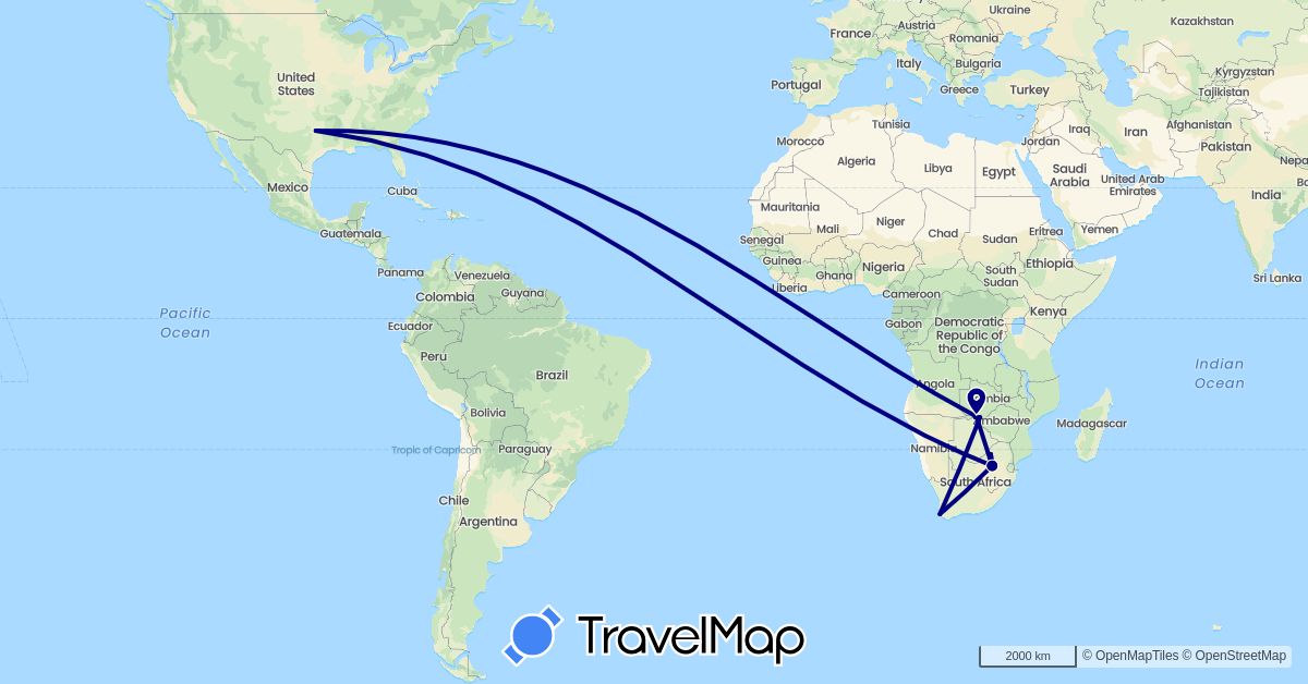 TravelMap itinerary: driving in Botswana, United States, South Africa, Zimbabwe (Africa, North America)