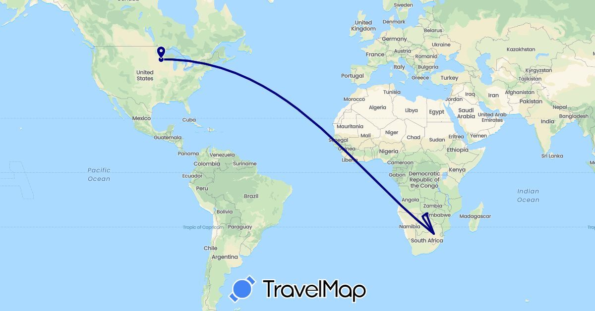 TravelMap itinerary: driving in Botswana, Namibia, United States, South Africa (Africa, North America)