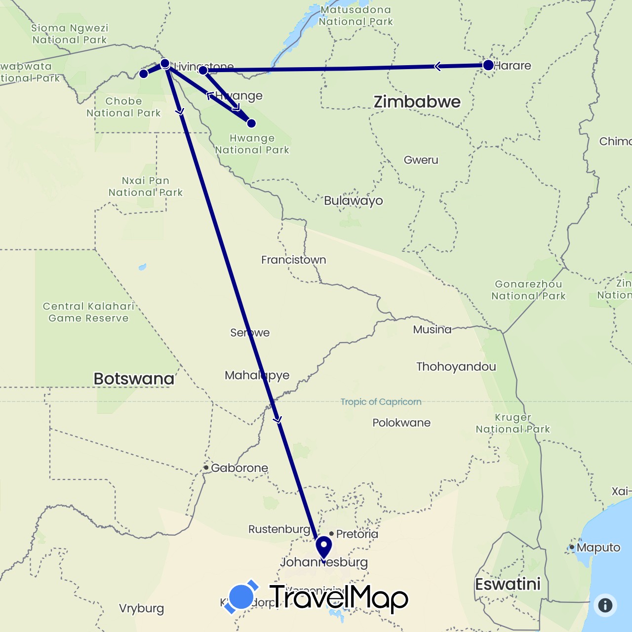 TravelMap itinerary: driving in Botswana, South Africa, Zimbabwe (Africa)