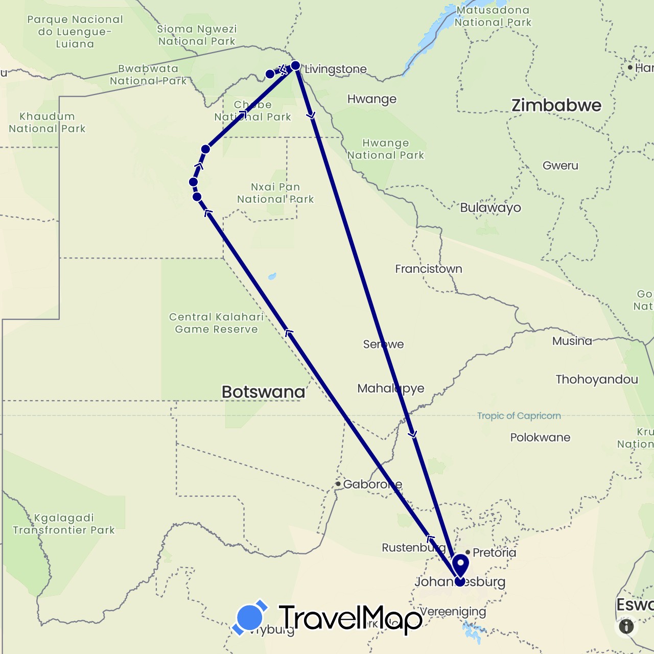 TravelMap itinerary: driving in Botswana, South Africa (Africa)
