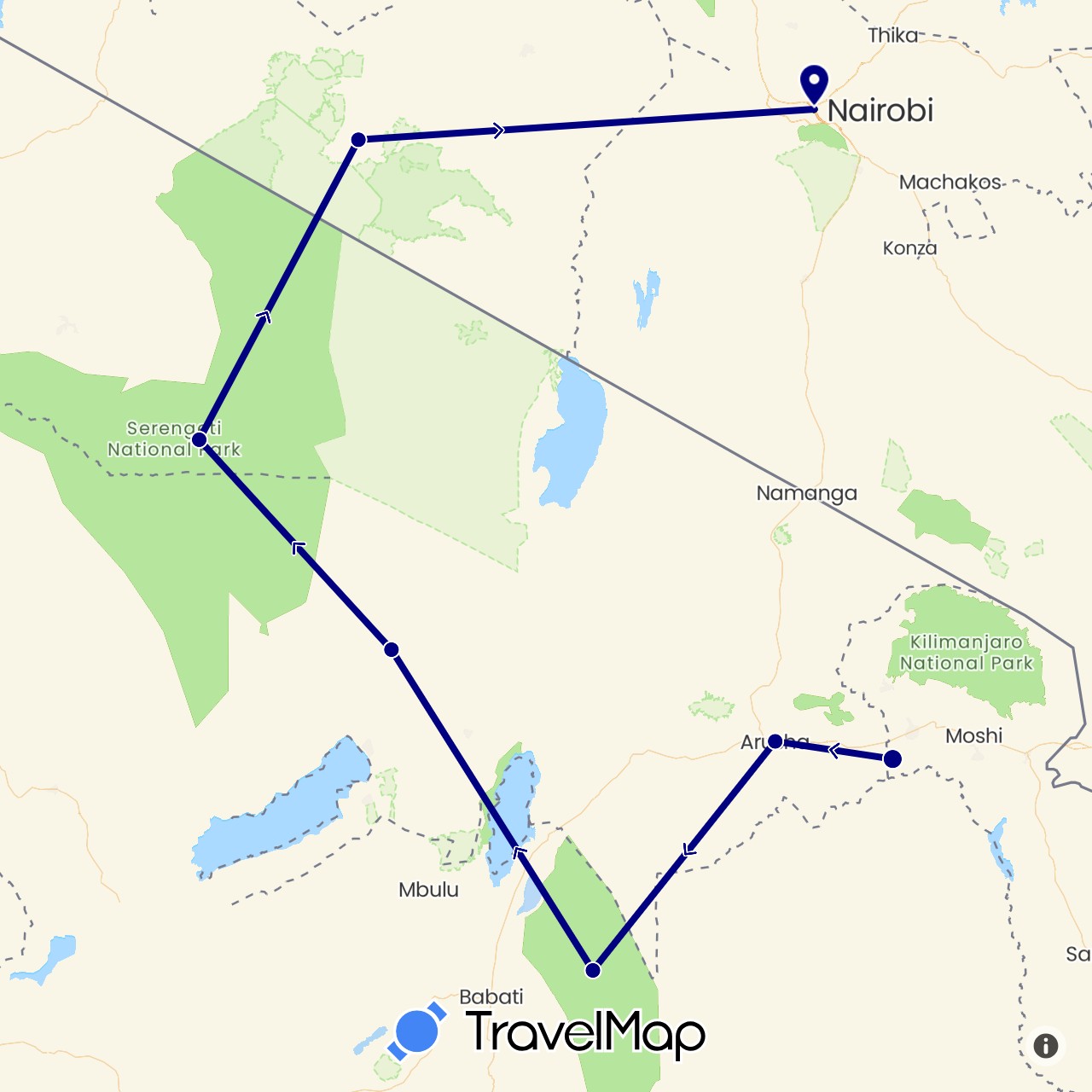 TravelMap itinerary: driving in Kenya, Tanzania (Africa)