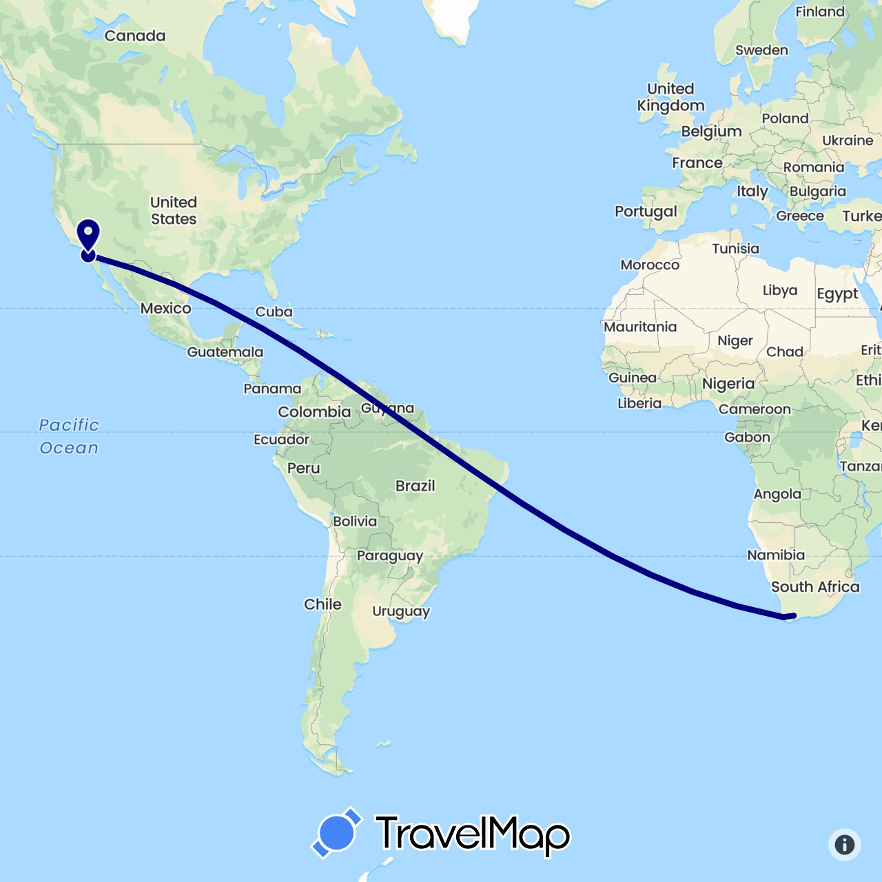 TravelMap itinerary: driving in United States, South Africa (Africa, North America)