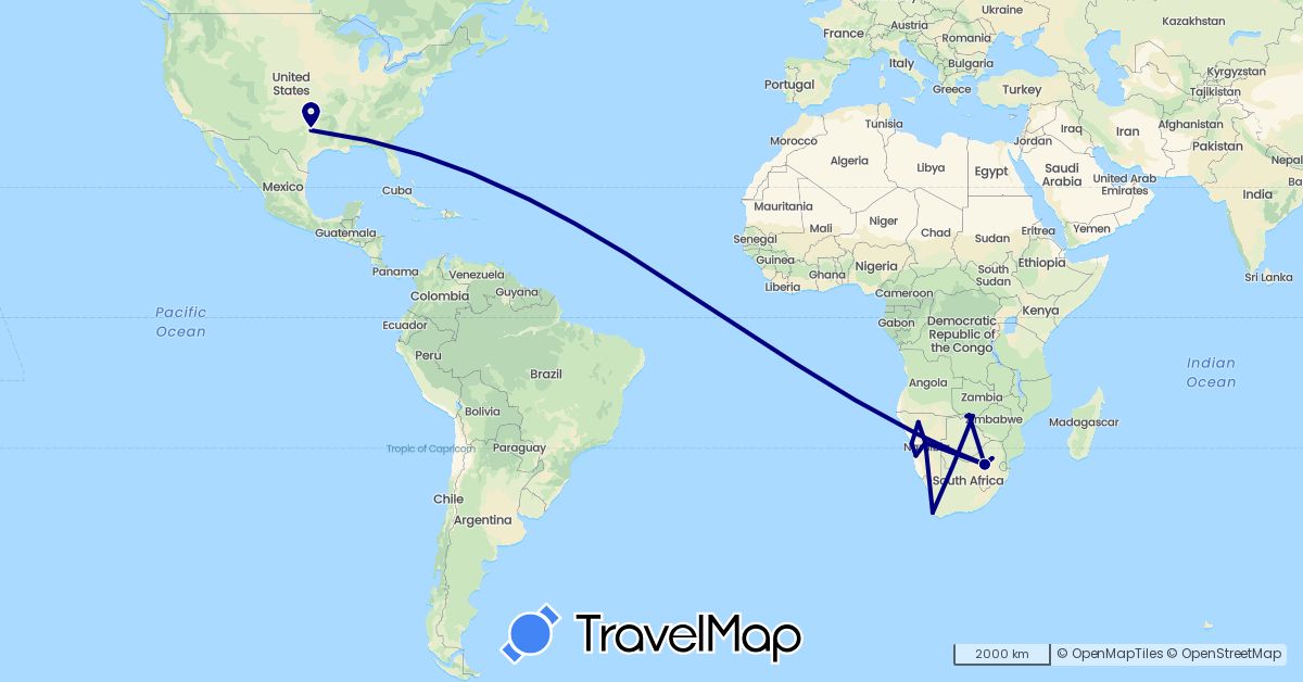 TravelMap itinerary: driving in Botswana, Namibia, United States, South Africa, Zimbabwe (Africa, North America)