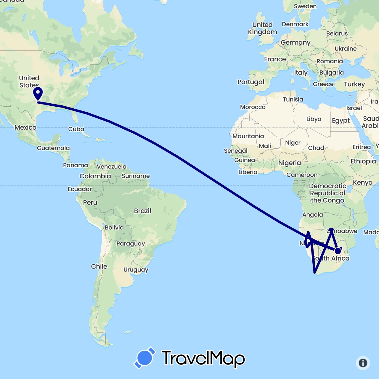 TravelMap itinerary: driving in Botswana, Namibia, United States, South Africa, Zimbabwe (Africa, North America)
