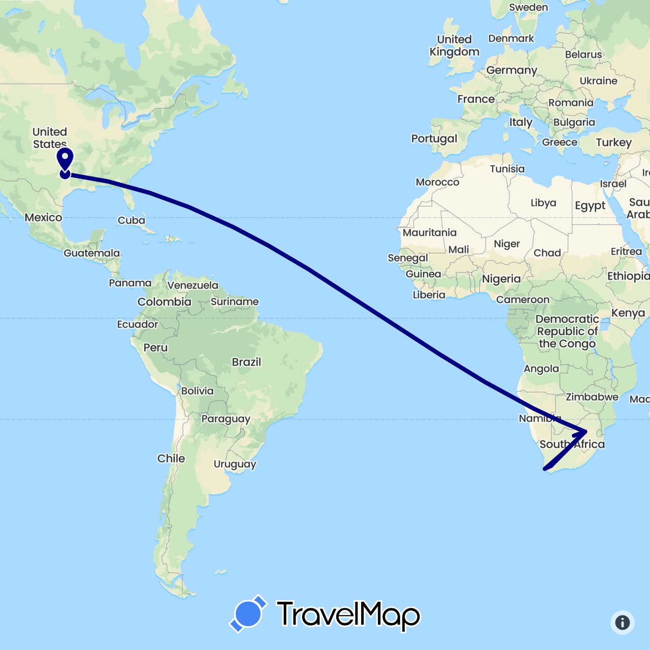TravelMap itinerary: driving in United States, South Africa (Africa, North America)