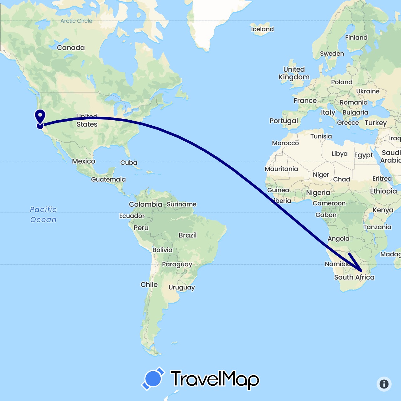 TravelMap itinerary: driving in Botswana, United States, South Africa (Africa, North America)