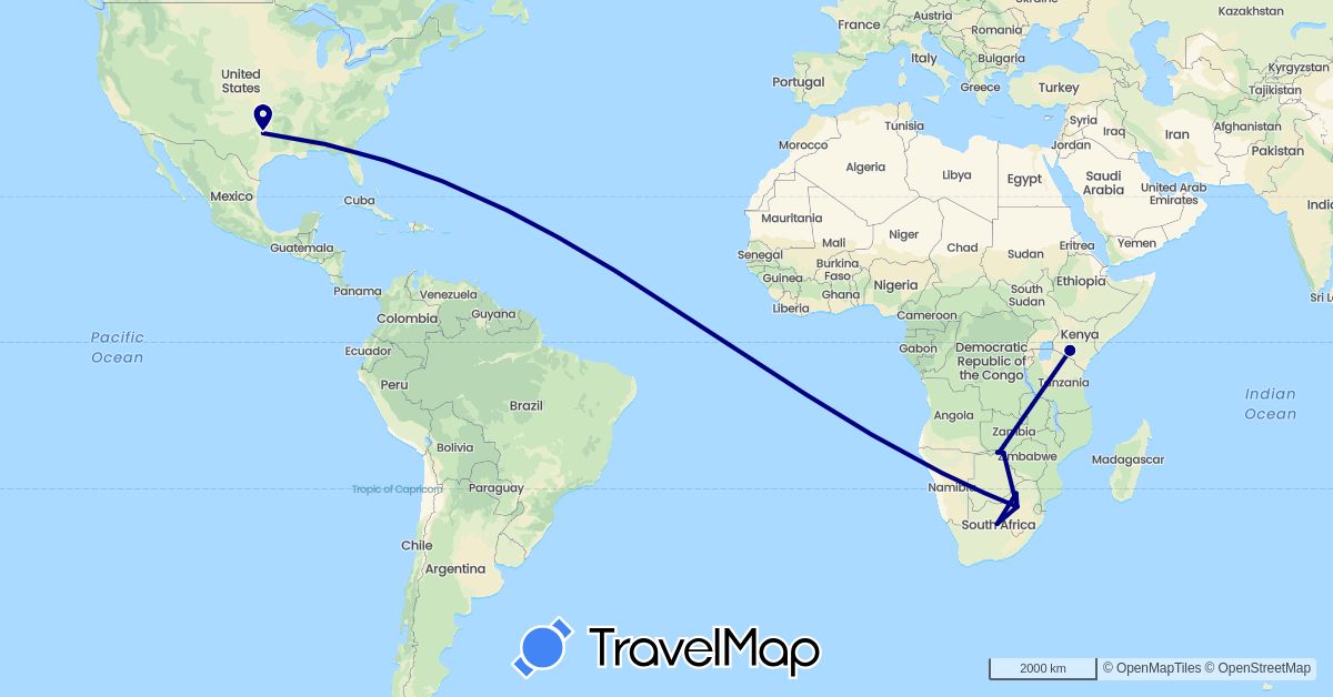 TravelMap itinerary: driving in Botswana, Kenya, United States, South Africa, Zimbabwe (Africa, North America)