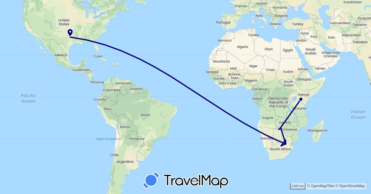 TravelMap itinerary: driving in Botswana, Kenya, United States, South Africa (Africa, North America)