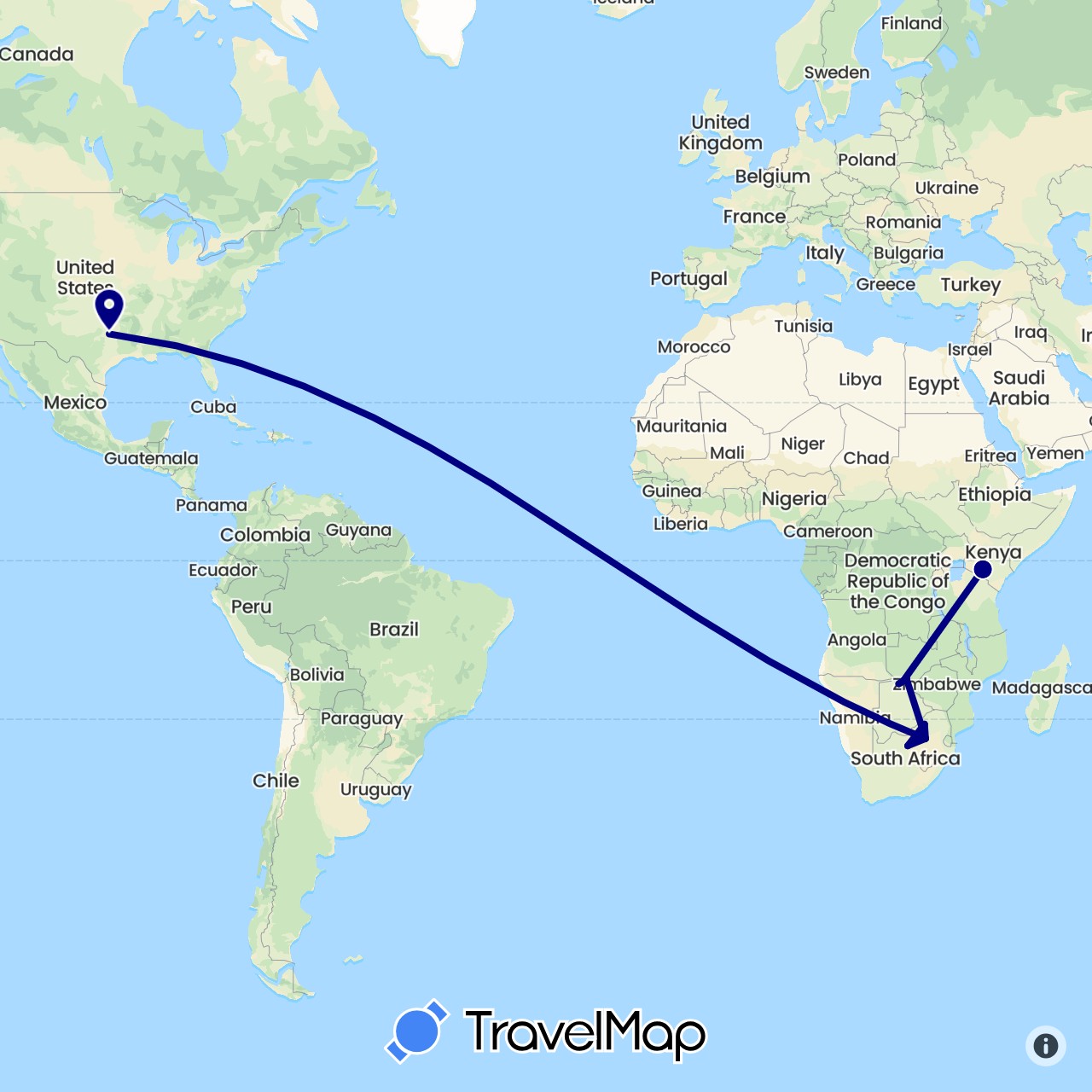 TravelMap itinerary: driving in Botswana, Kenya, United States, South Africa (Africa, North America)
