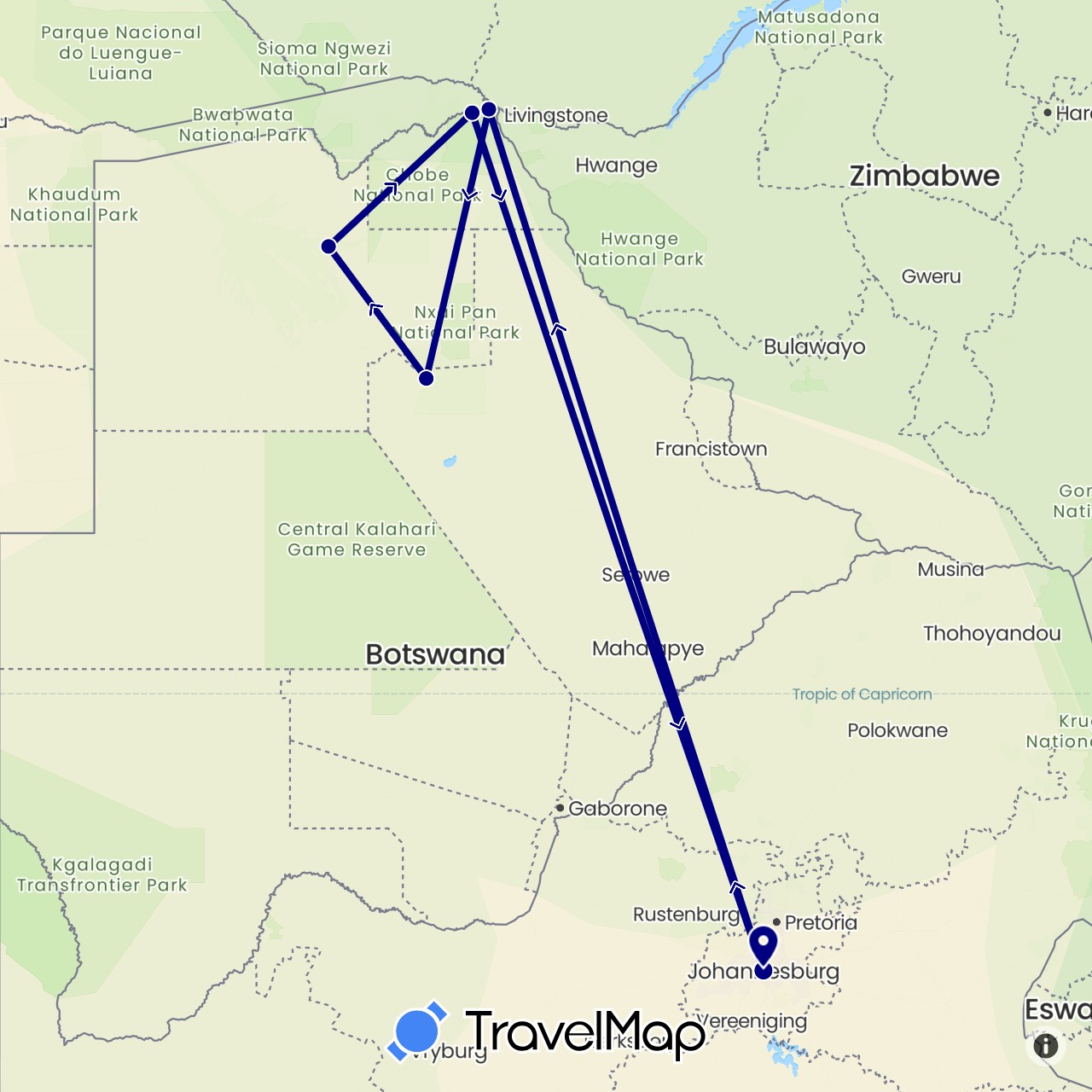 TravelMap itinerary: driving in Botswana, South Africa (Africa)