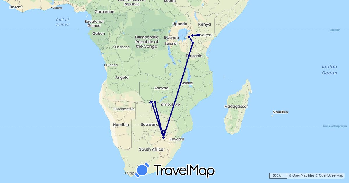 TravelMap itinerary: driving in Botswana, Kenya, Tanzania, South Africa, Zimbabwe (Africa)