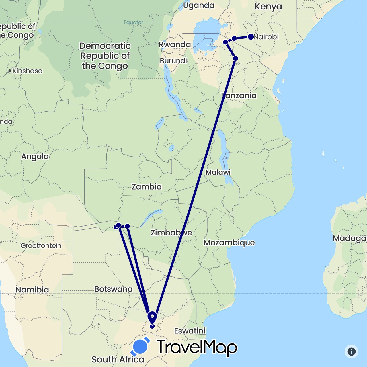 TravelMap itinerary: driving in Botswana, Kenya, Tanzania, South Africa, Zimbabwe (Africa)
