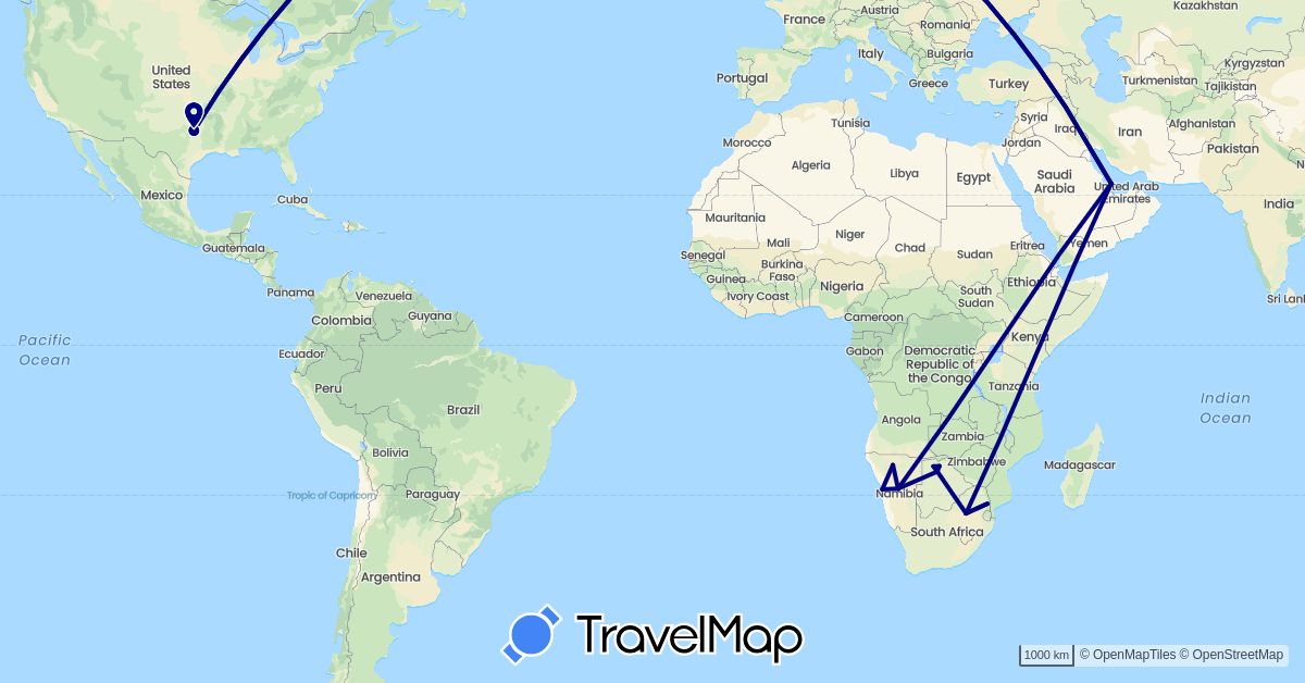 TravelMap itinerary: driving in Botswana, Namibia, Qatar, United States, South Africa (Africa, Asia, North America)