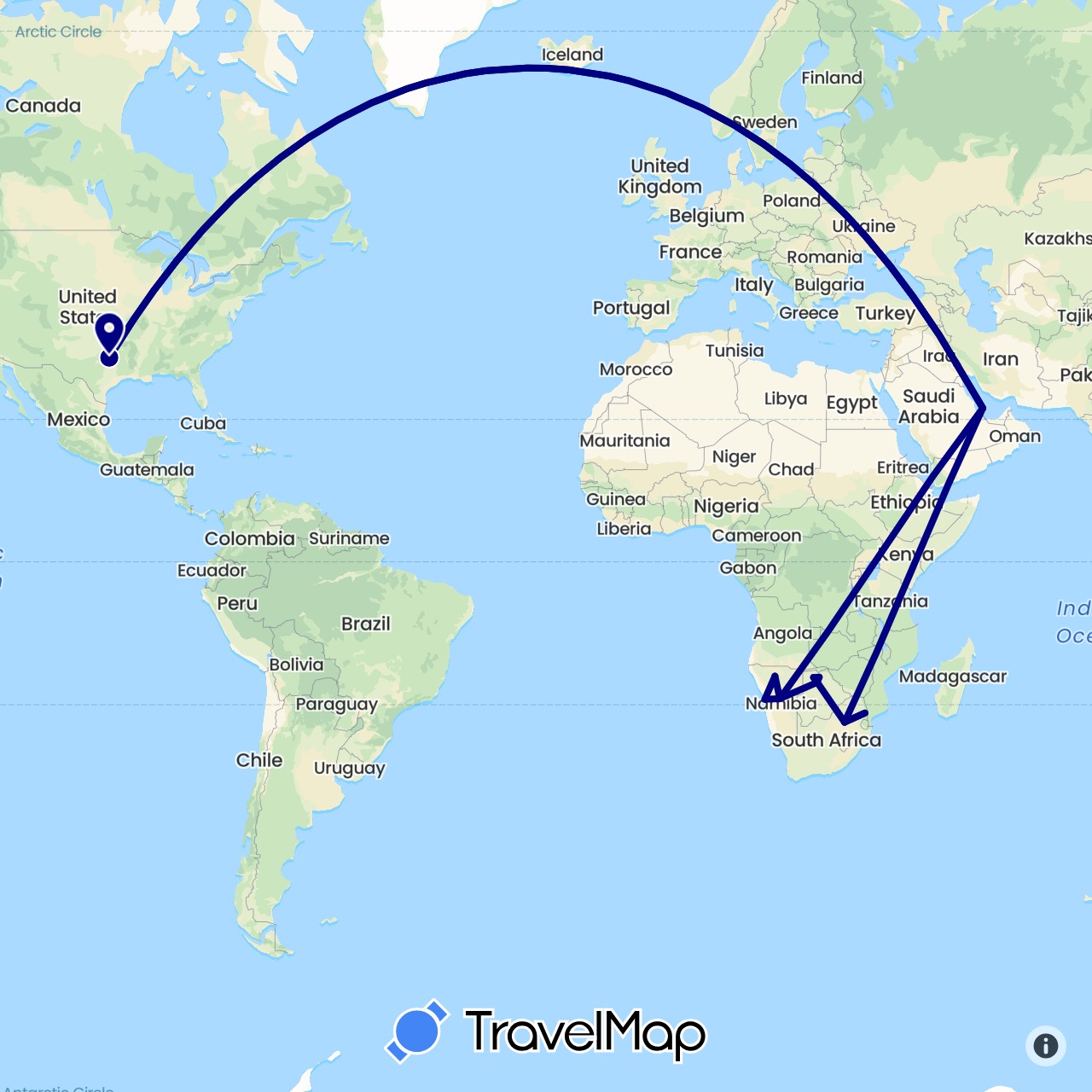 TravelMap itinerary: driving in Botswana, Namibia, Qatar, United States, South Africa (Africa, Asia, North America)