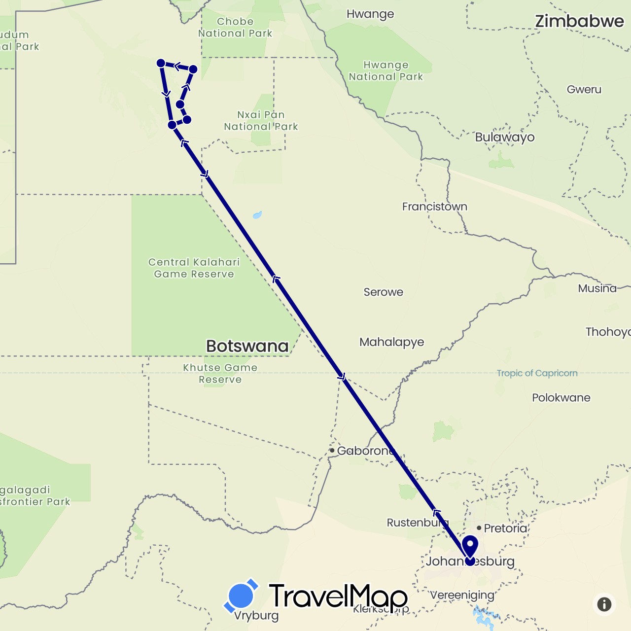 TravelMap itinerary: driving in Botswana, South Africa (Africa)