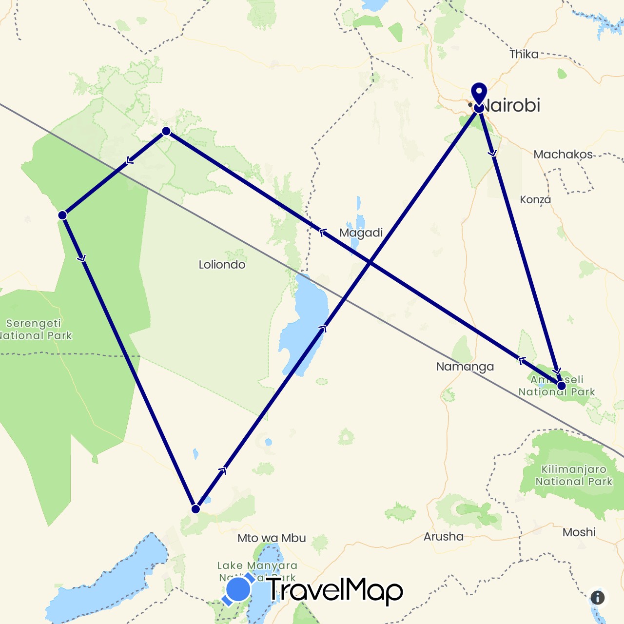 TravelMap itinerary: driving in Kenya, Tanzania (Africa)