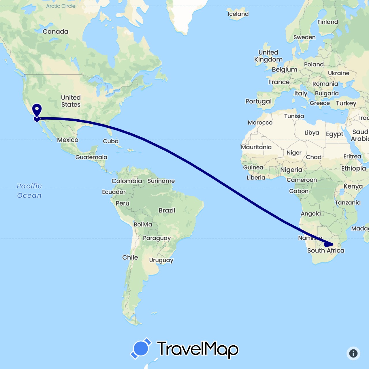 TravelMap itinerary: driving in Botswana, United States, South Africa (Africa, North America)
